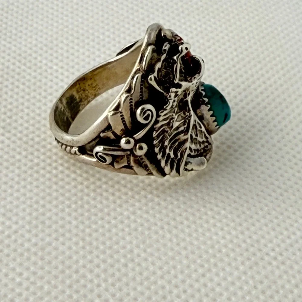 Richard Begay Navajo Eagle Ring Turquoise Coral Sterling Silver Size 13